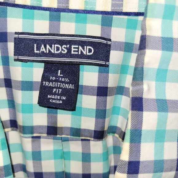 Land's End short sleeve Teal and Navy Plaid Button-down size L - Picture 3 of 3